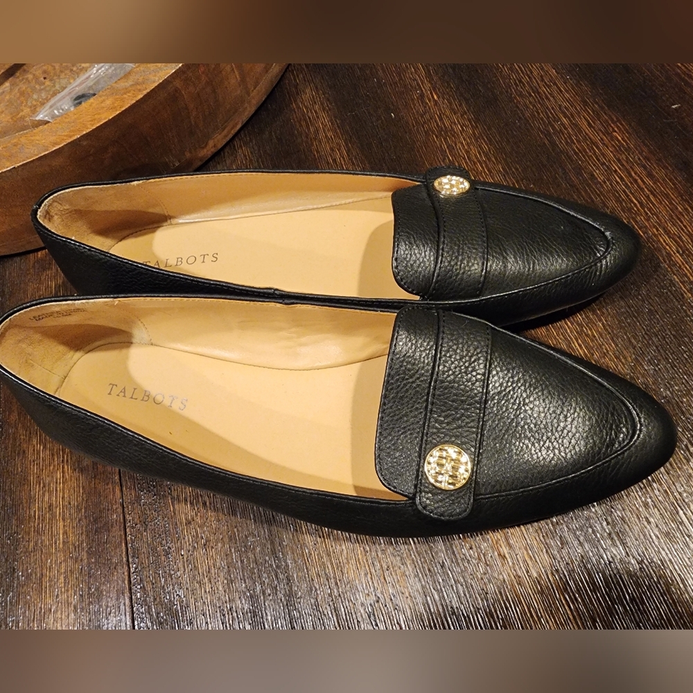 Talbots Francesca Black Leather 10.5 M Flats Slip On Shoes Driving Mosacins Bx2